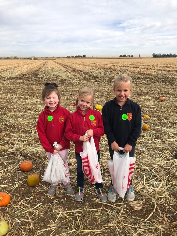 Three children holding bags in a field with pumpkins