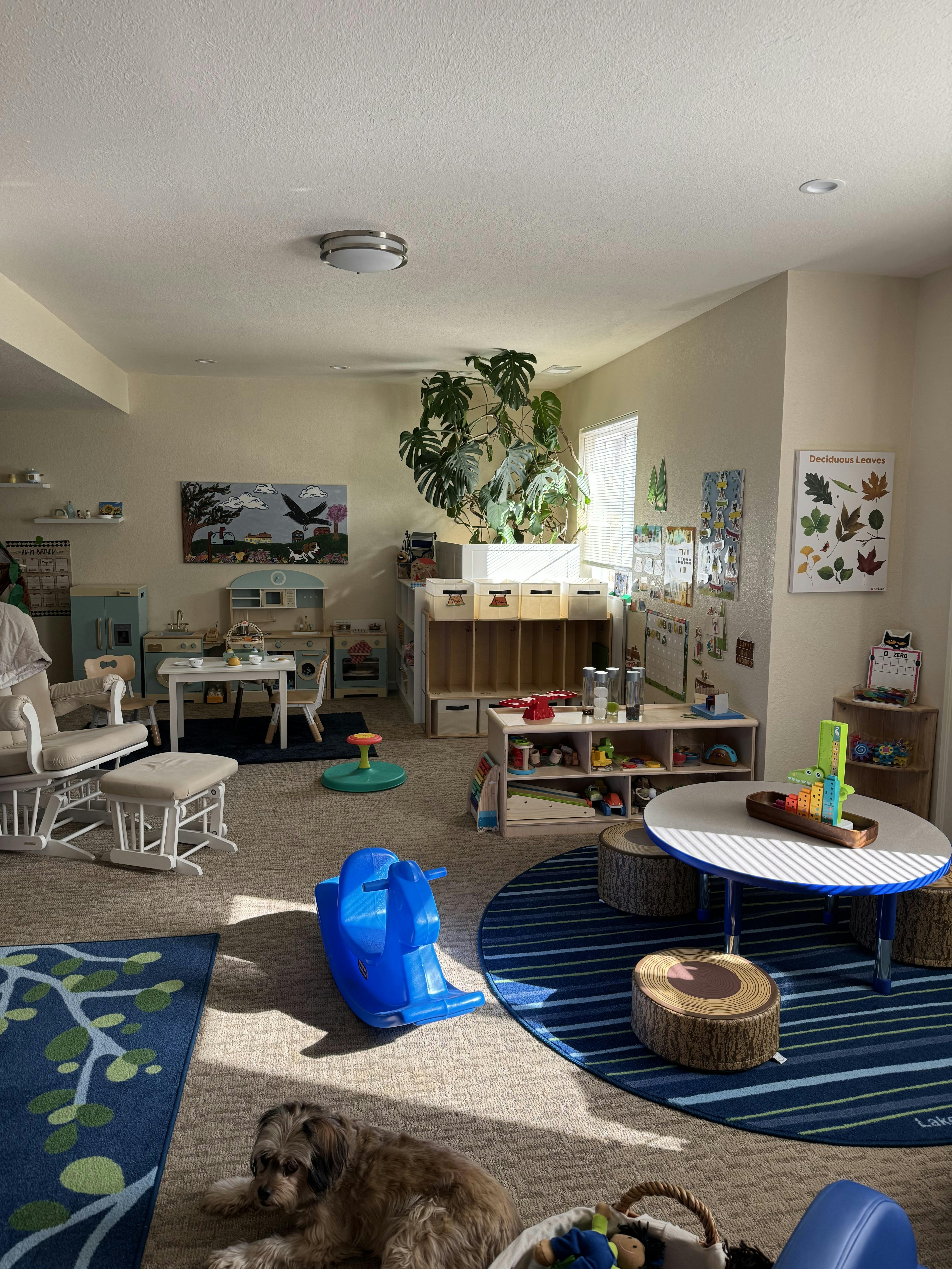 A playroom with various toys, furniture, and a dog lying on the floor
