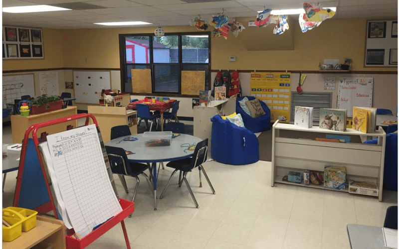 Classroom with child-sized tables, chairs, beanbag seats, and learning materials