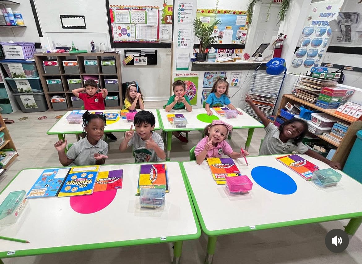 Children sitting at tables in a classroom