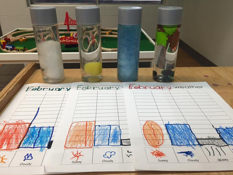 Four sensory bottles and a child's weather chart with bar graphs