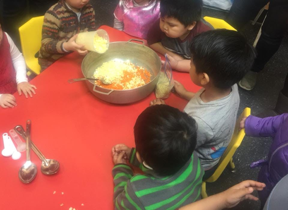 Children at a table preparing food in a large bowl