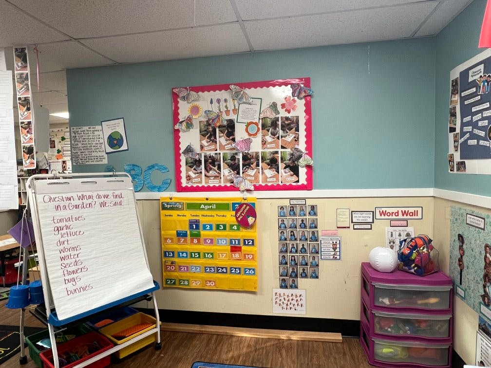 Classroom wall with calendar, whiteboard list, and various colorful decorations