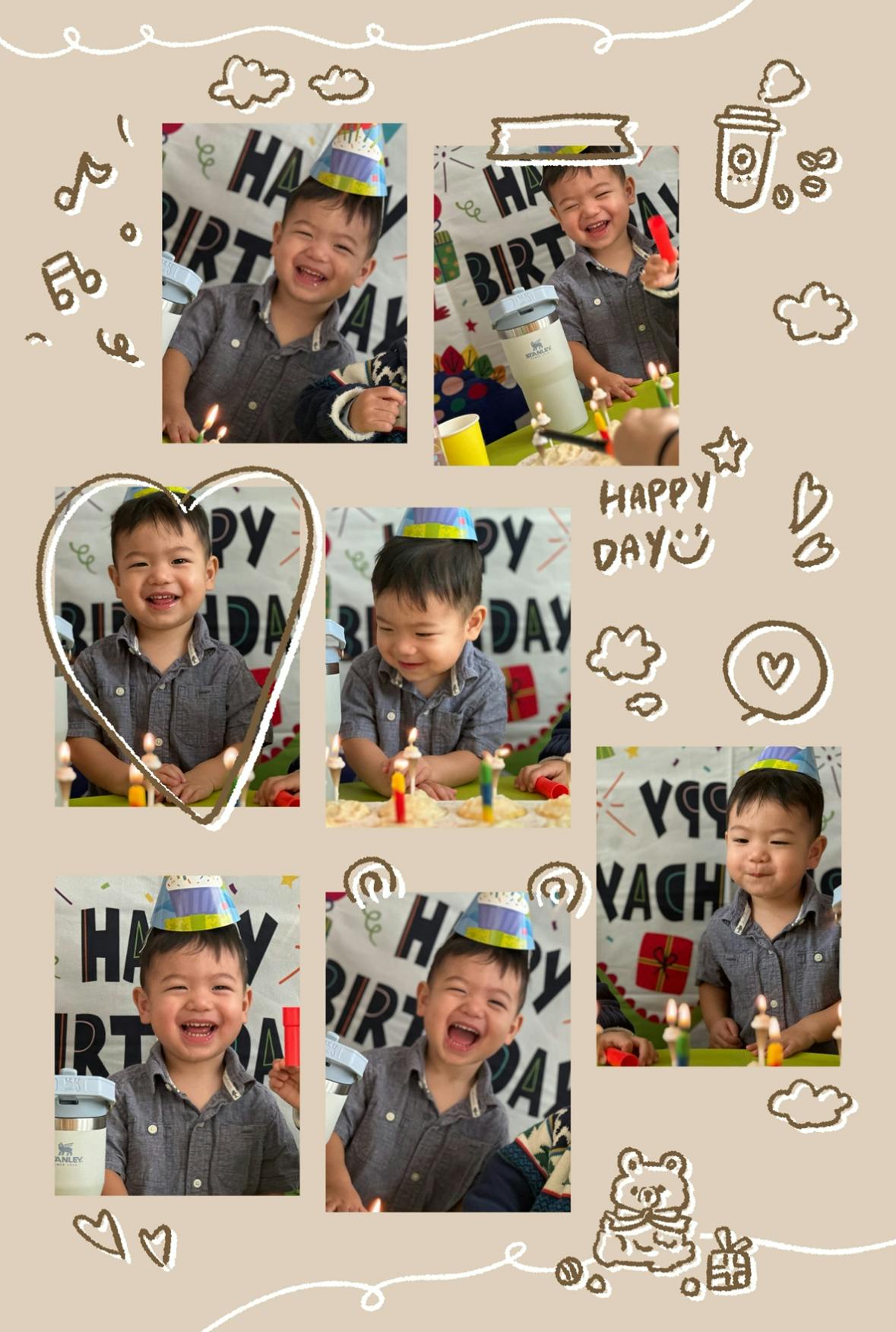 Collage of a child wearing a party hat with birthday candles and happy day text