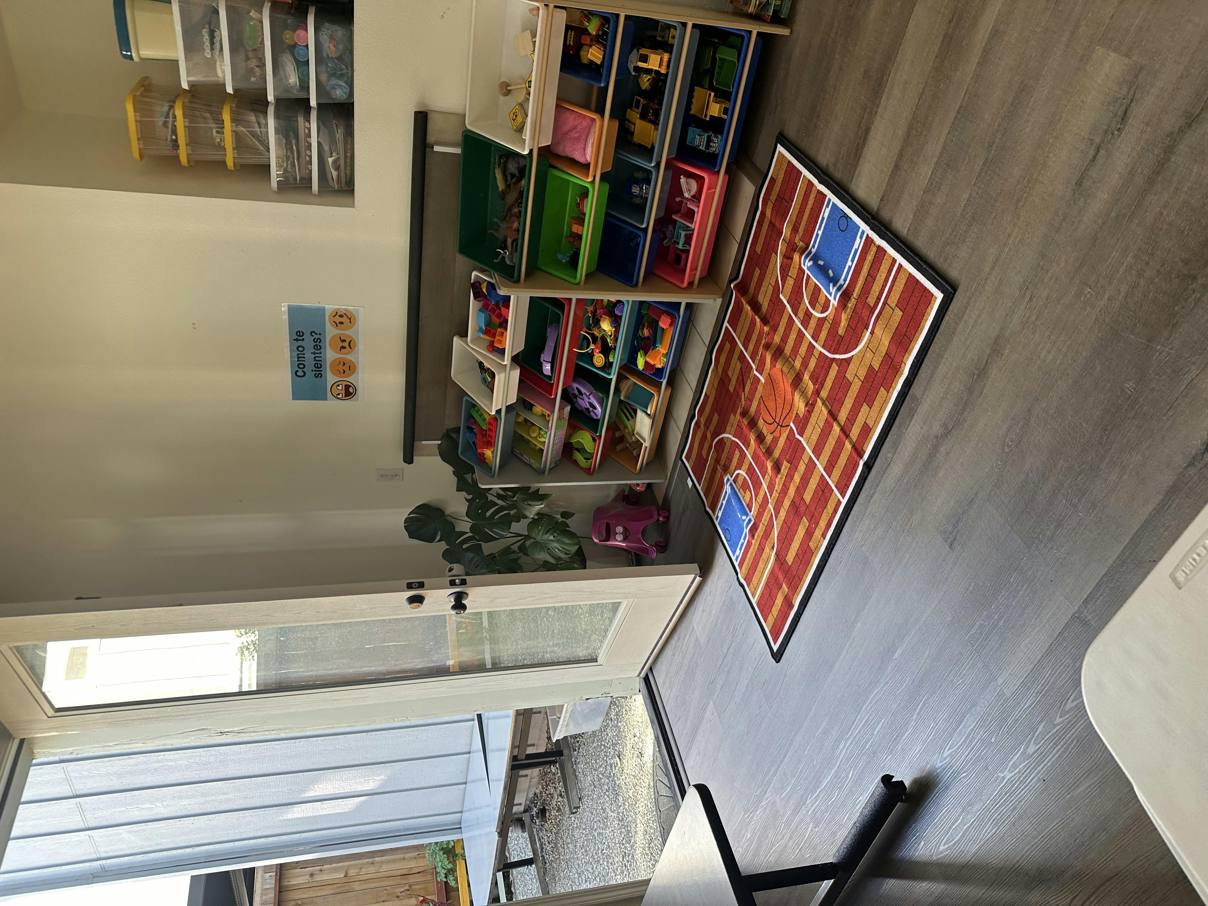 Playroom with toy shelves and a basketball court rug