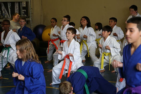 Group of children and teens in martial arts uniforms