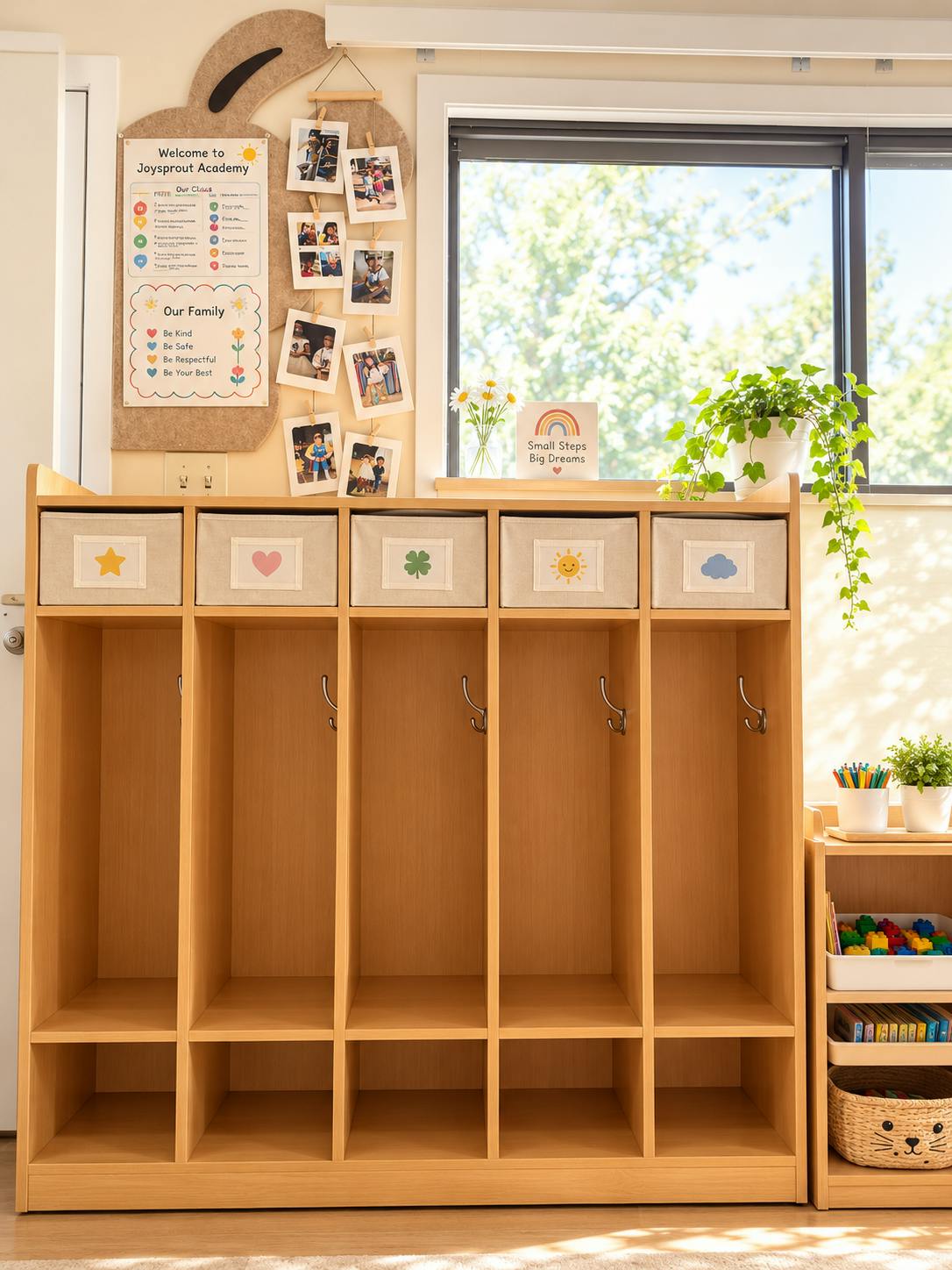 Wooden cubby storage unit with labeled bins in a classroom