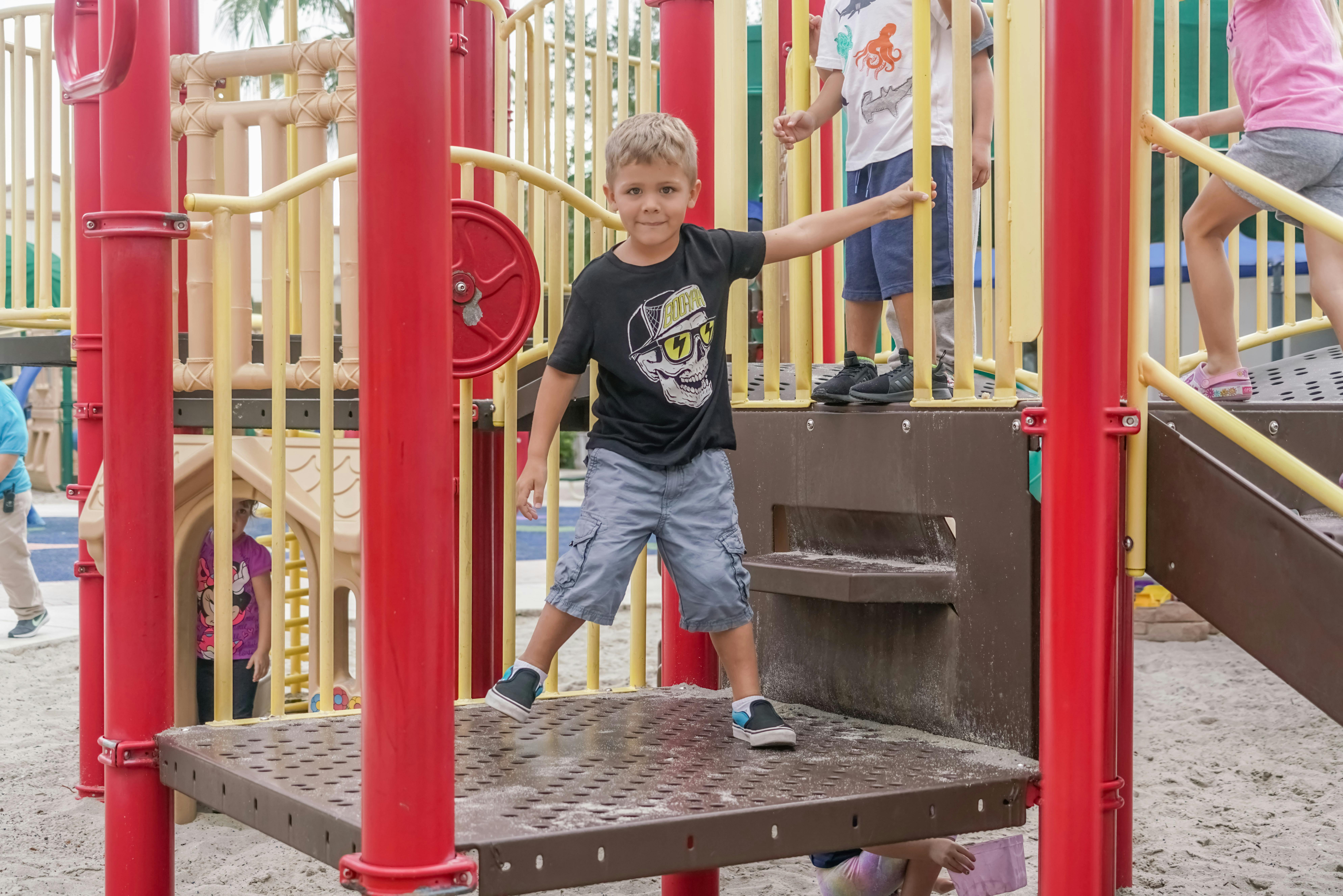 Child standing on playground equipment