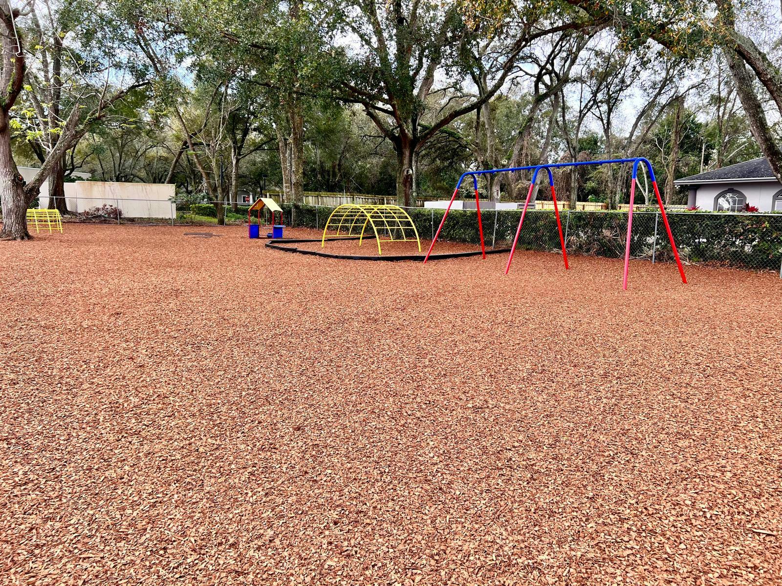 Playground with a swing set and a climbing dome