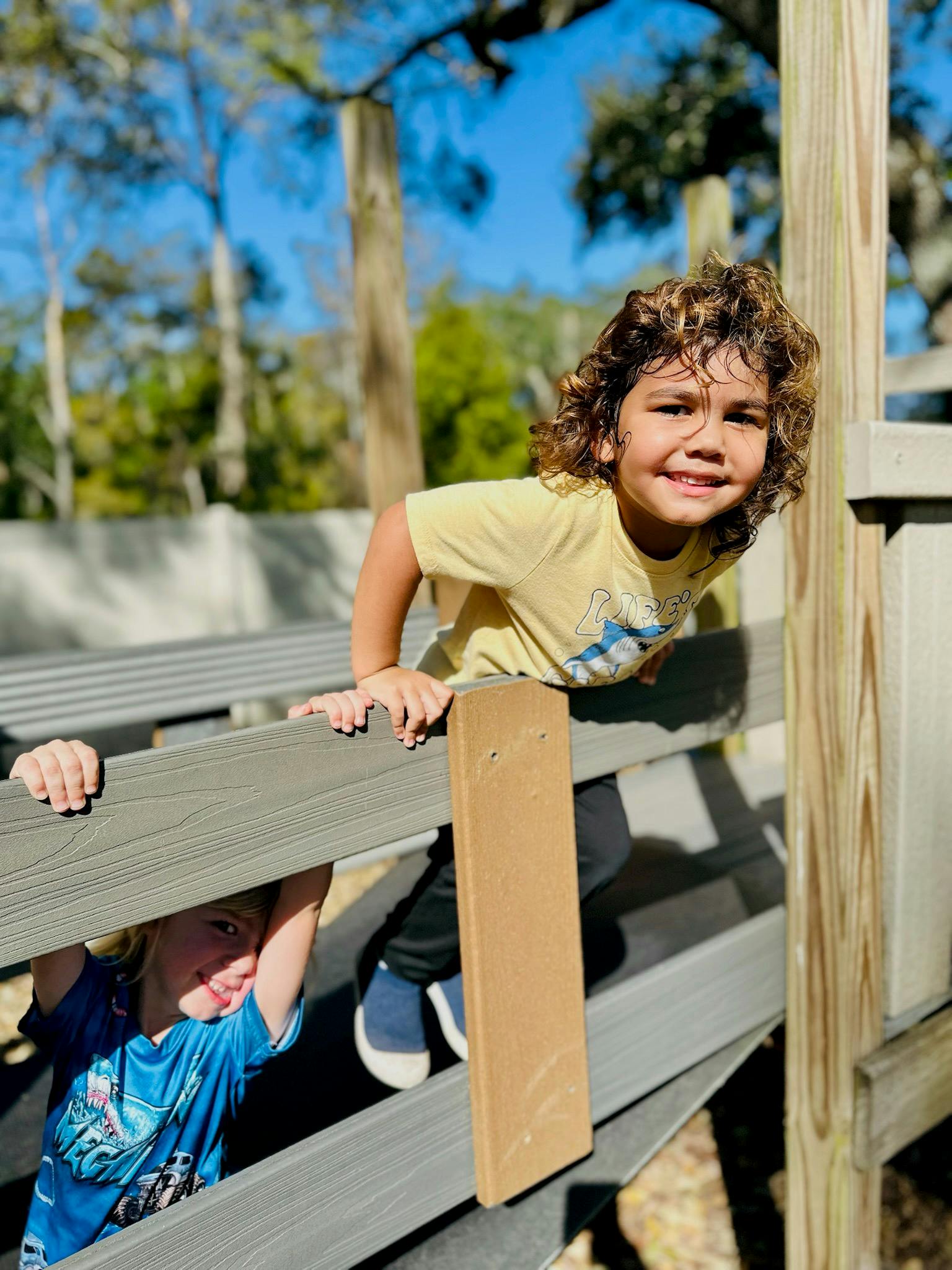 Two children playing on a wooden structure
