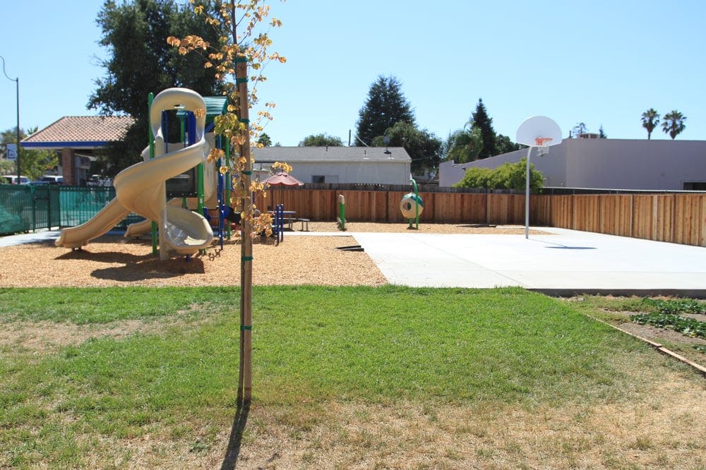 Playground with slide and basketball hoop
