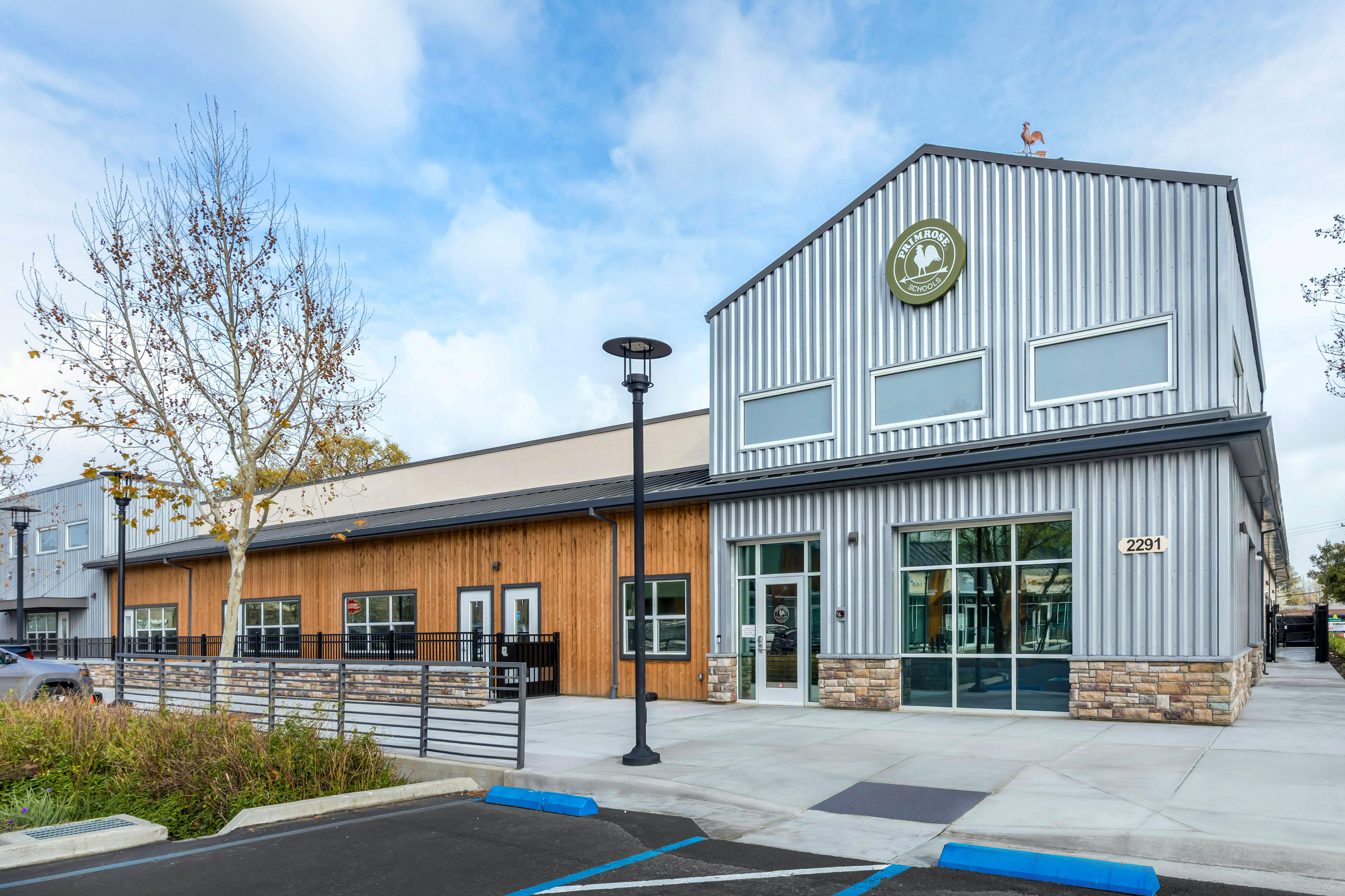 Exterior of Primrose Schools building with metal and wood siding