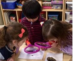 Three children looking at objects through magnifying glasses