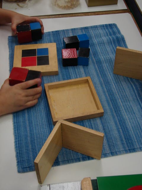 Person's hands arranging red, black, and blue blocks on a blue mat