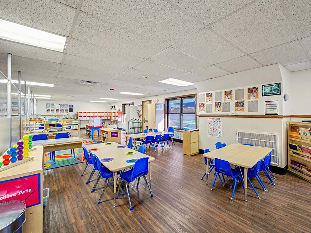 Empty classroom with small tables and chairs