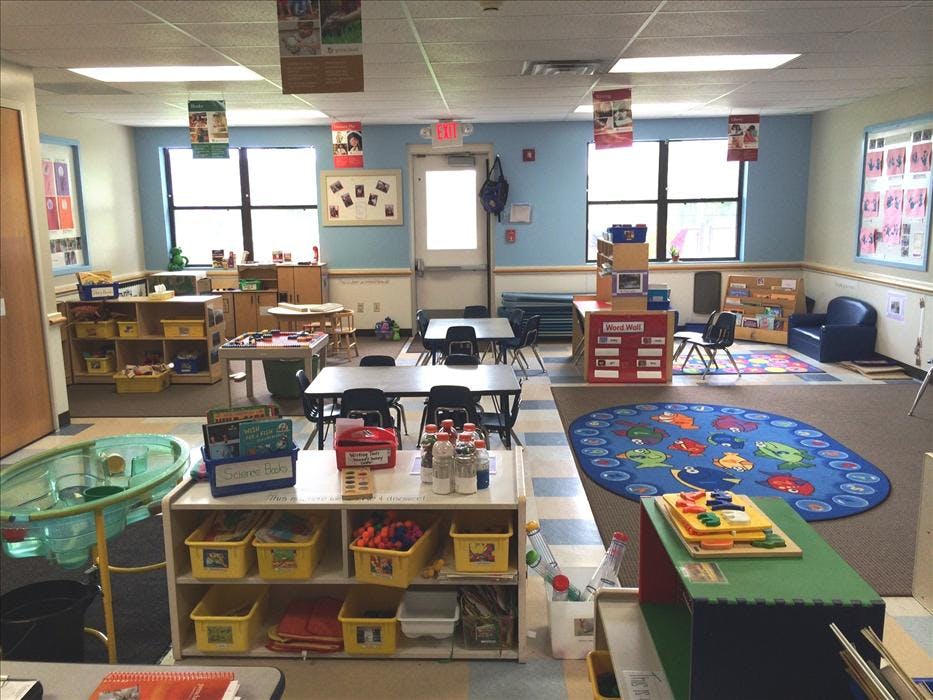 An empty early childhood classroom with multiple learning stations