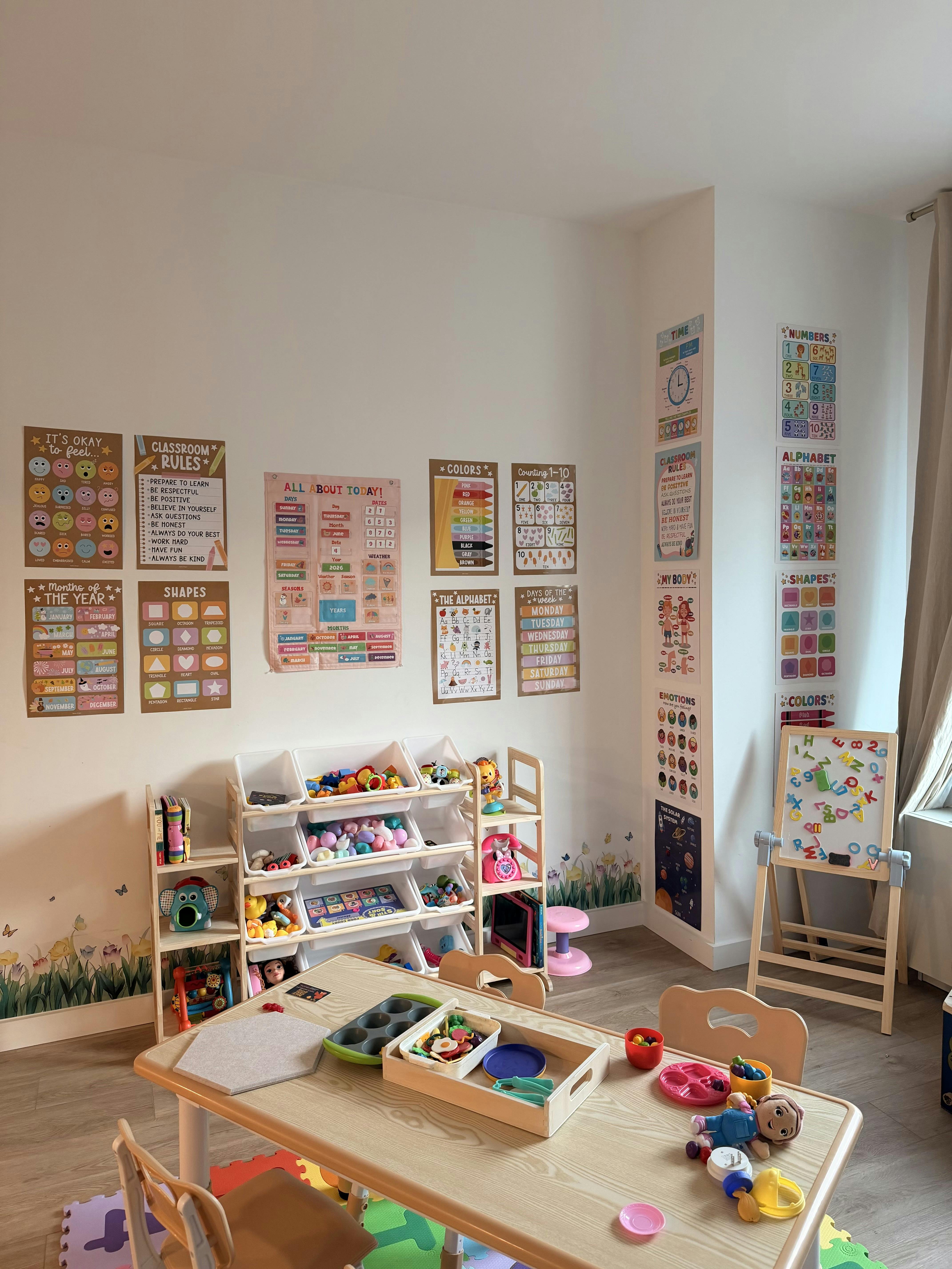 An empty early childhood classroom with learning charts on the walls and toys
