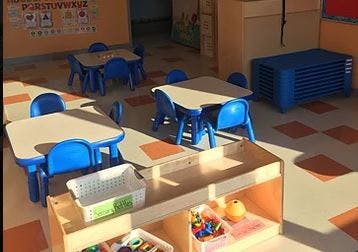 Empty classroom with small tables and chairs