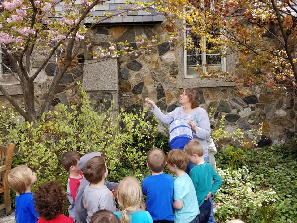 Person showing something to a group of children outdoors