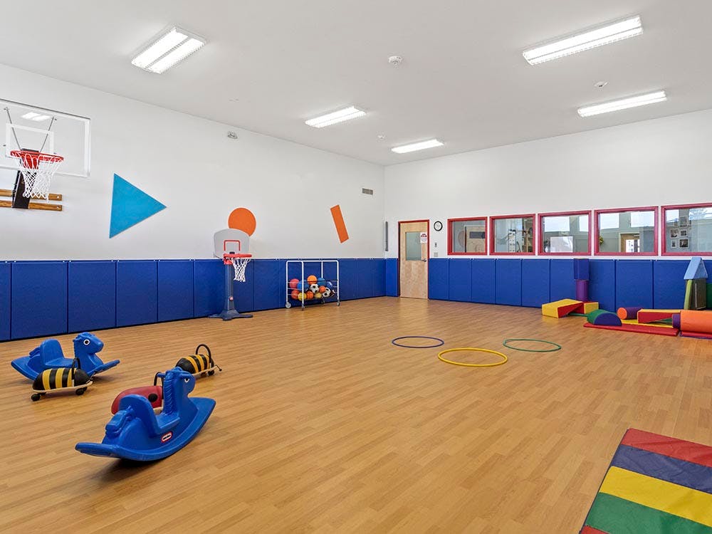 indoor playroom with toys, padded walls, and basketball hoops