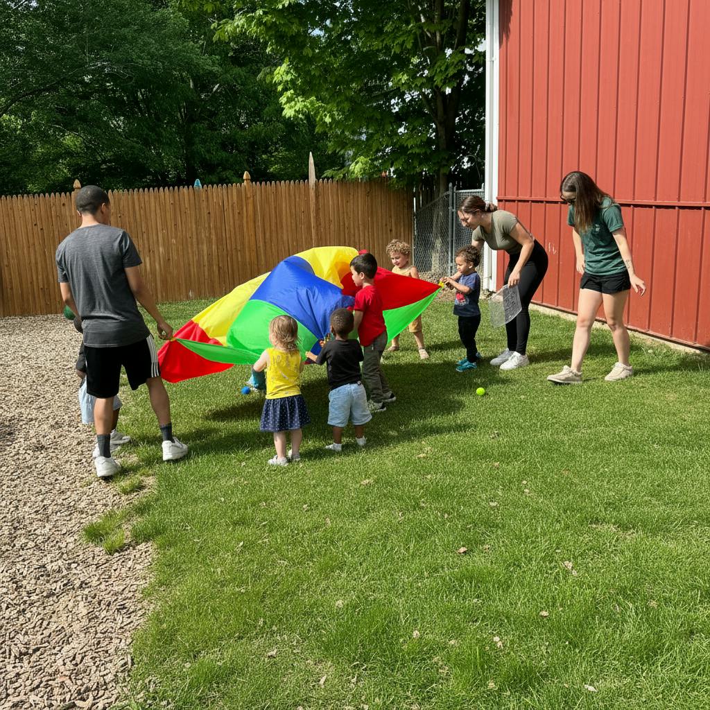 Adults and children playing with a colorful parachute on grass
