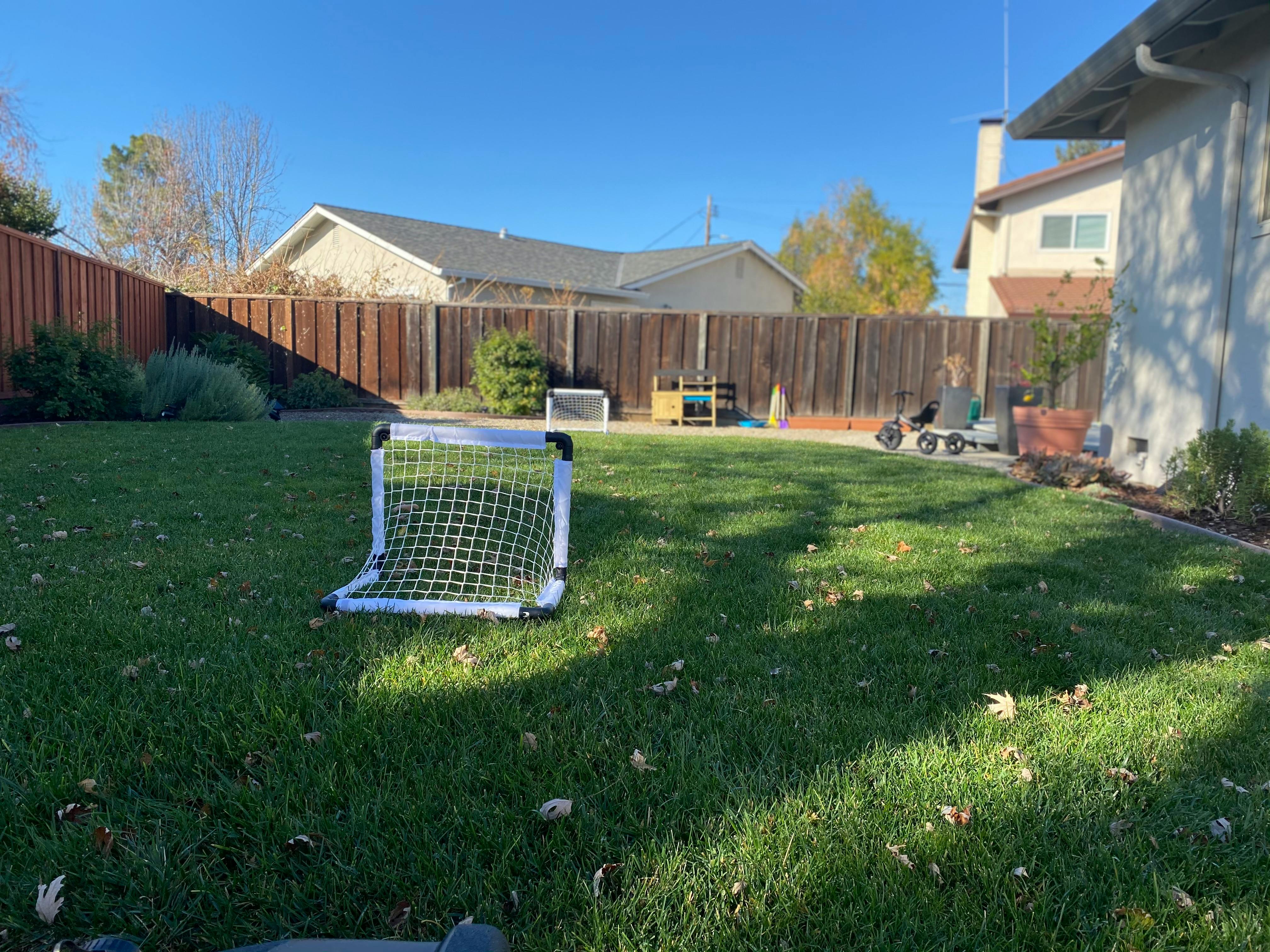 Small soccer goal on a grassy lawn
