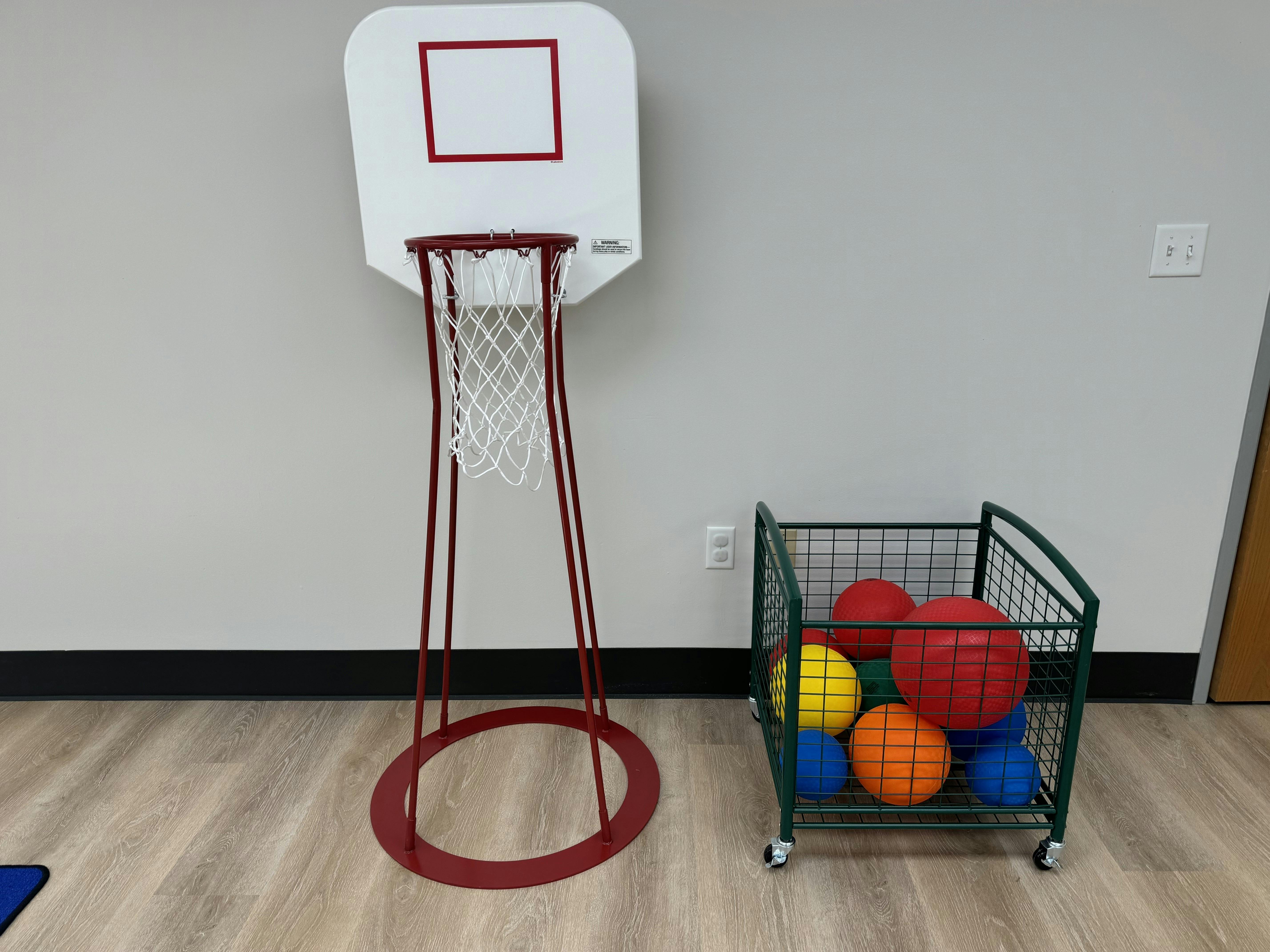 Small basketball hoop with a mesh ball cart filled with colorful balls