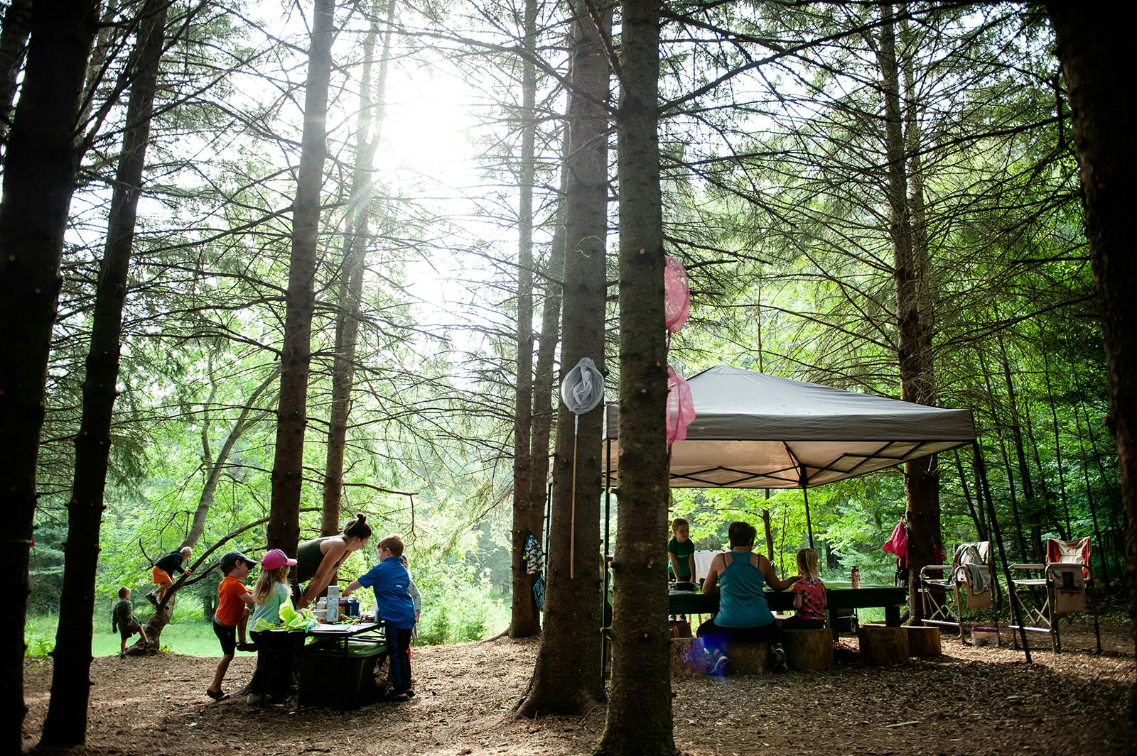 People and children gathered in a forest clearing with a canopy tent