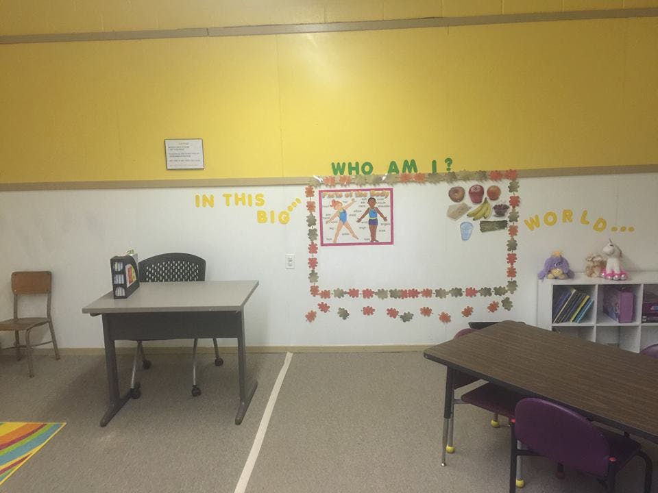 Classroom with desks, chairs, and wall decorations including "WHO AM I"