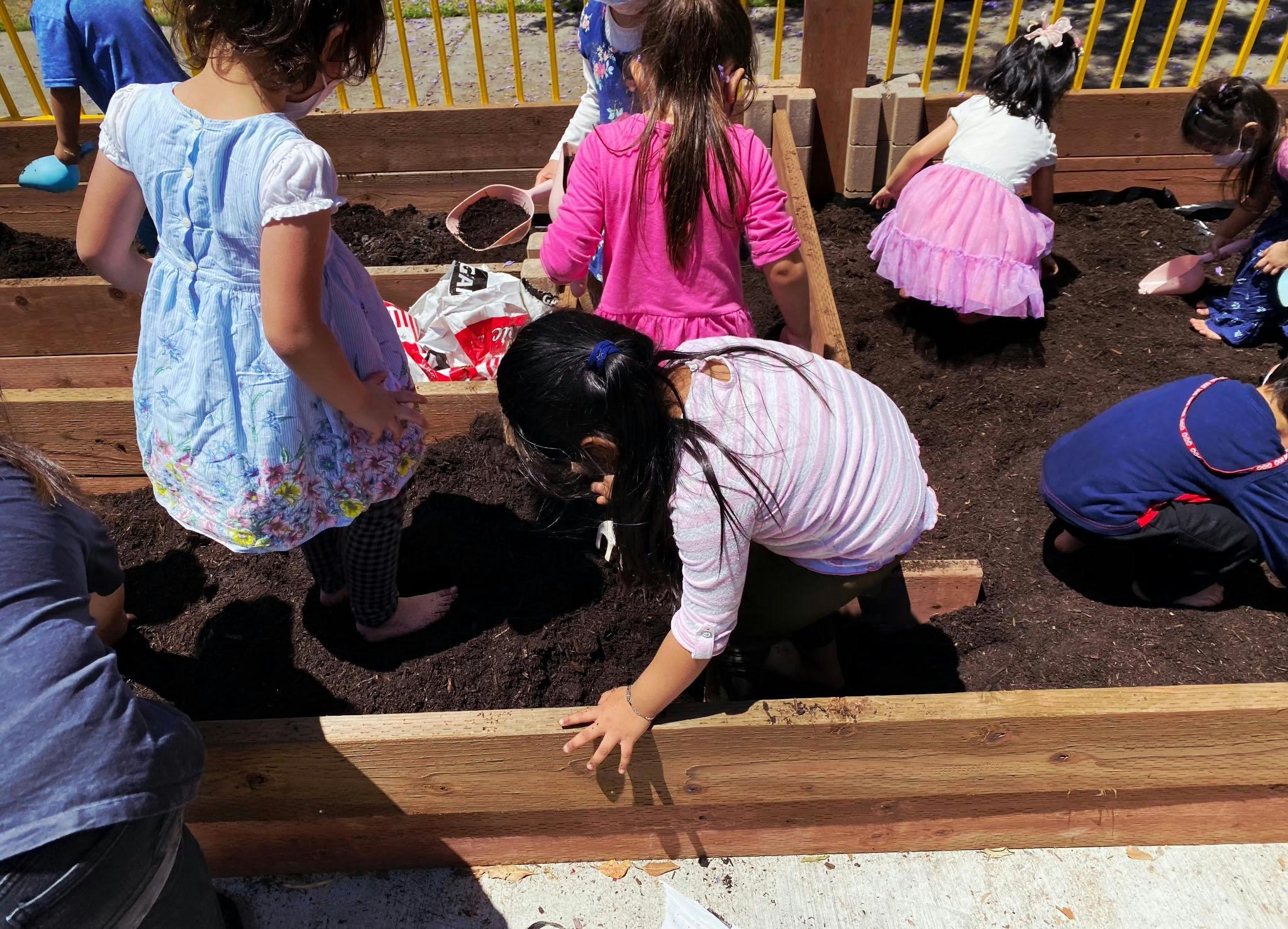 Children playing with soil in a wooden garden bed