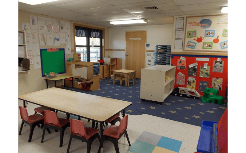 Classroom with tables, chairs, and bulletin boards on the walls