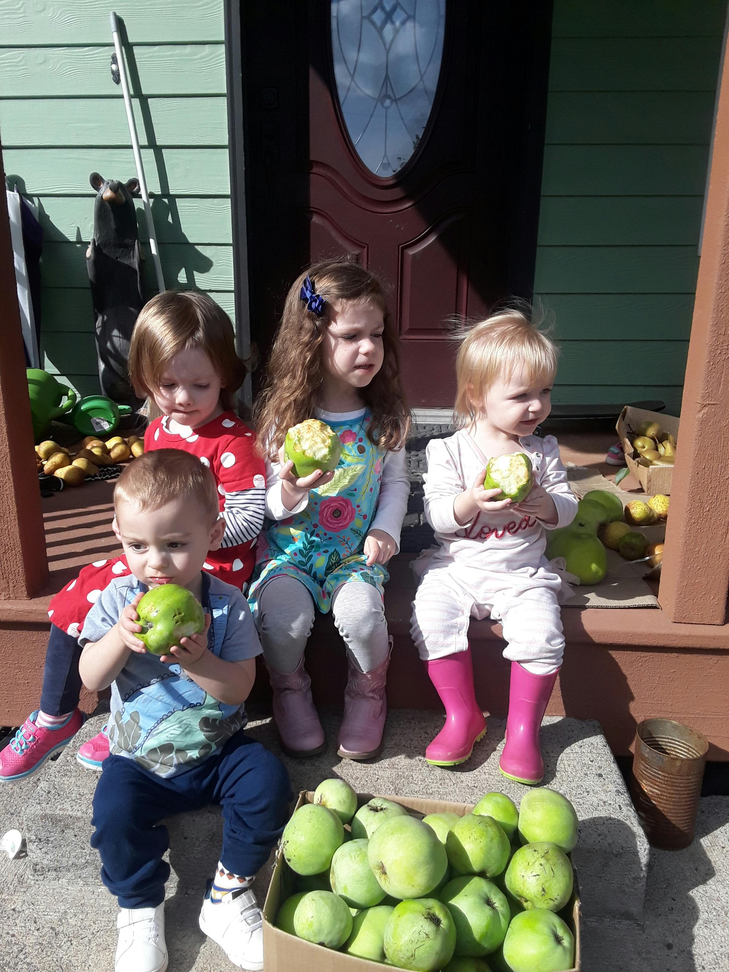 Four children sitting on steps holding green apples
