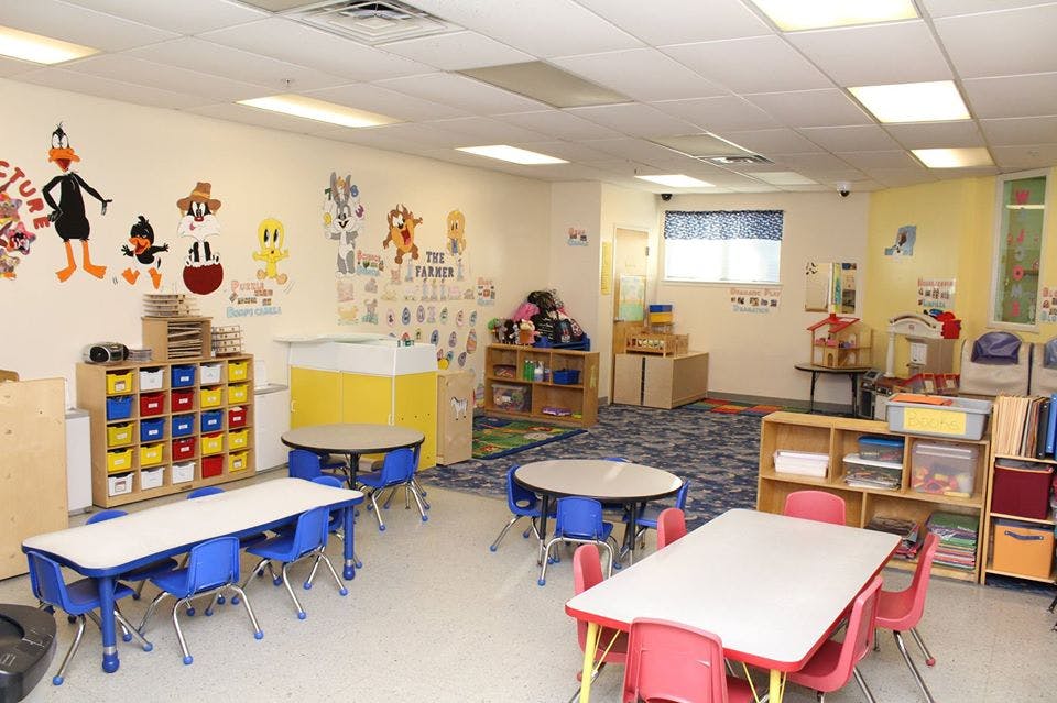 Empty classroom with small tables and chairs