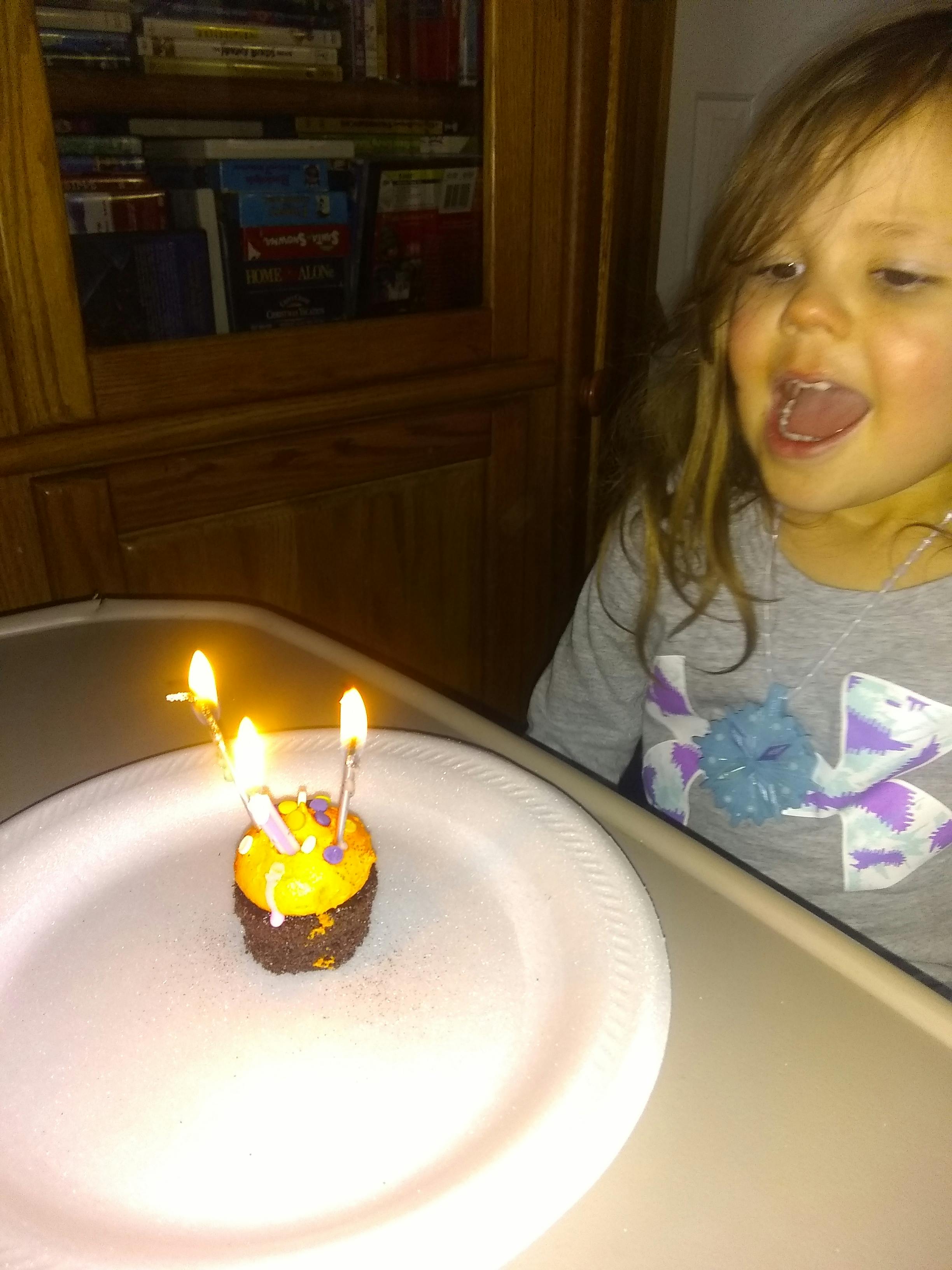 Child looking at a cupcake with lit candles