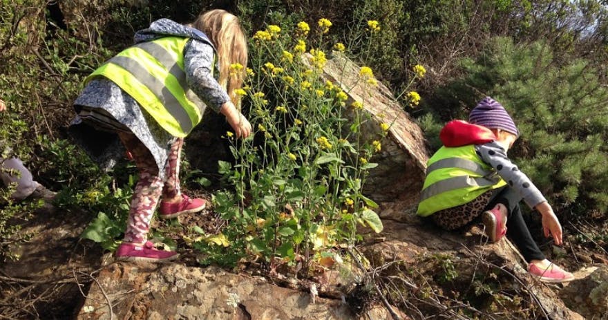 Two children in safety vests outdoors