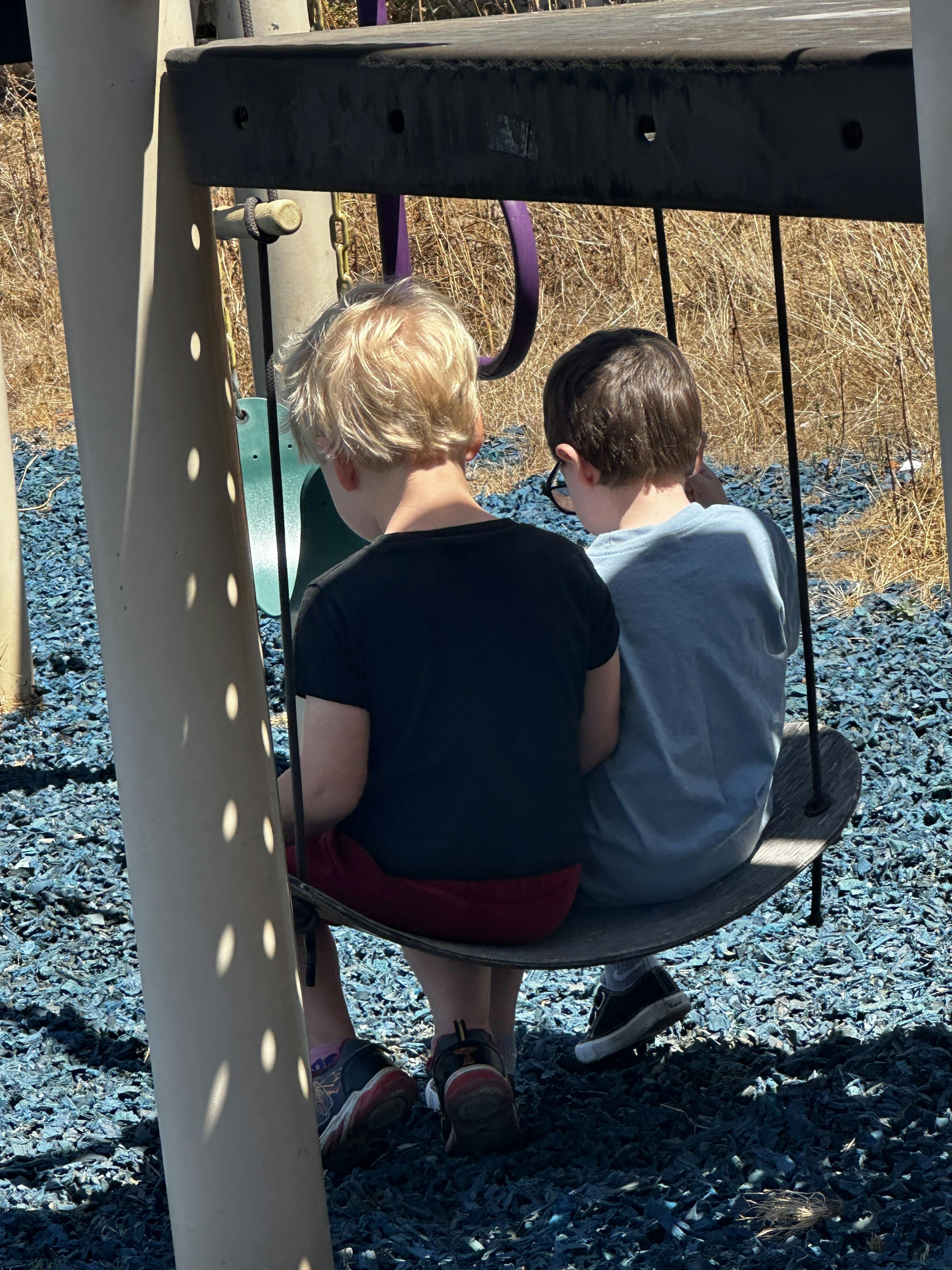 Two children sitting together on a playground swing