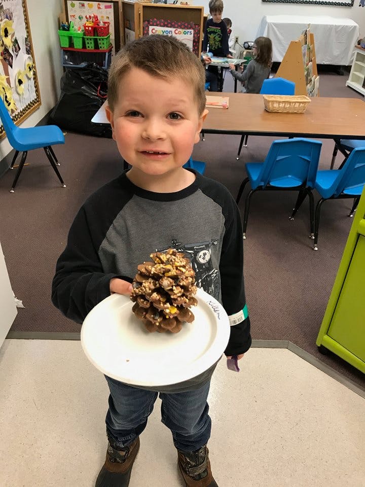 Child holding a plate with a pinecone covered in birdseed