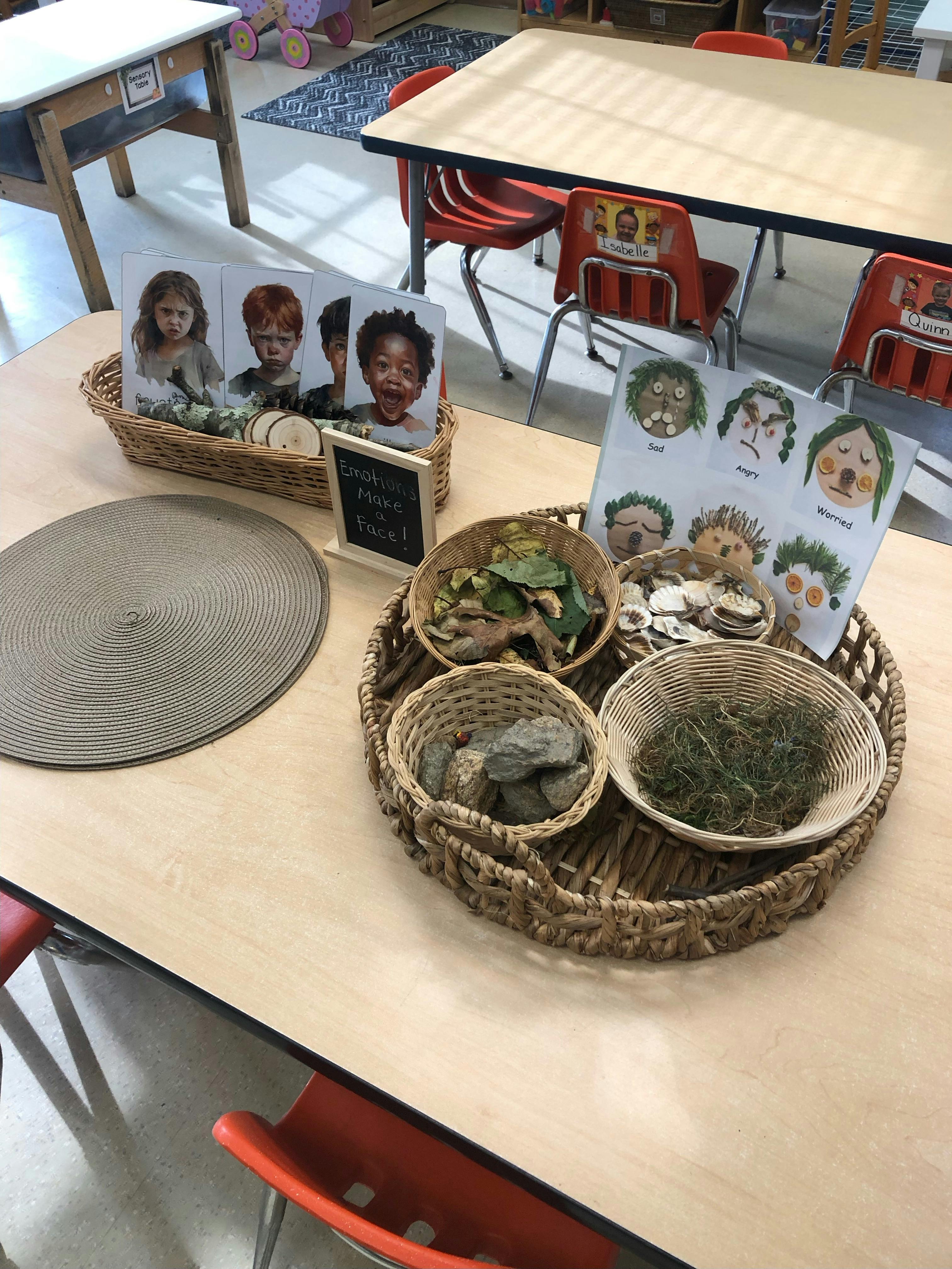Tabletop with baskets of natural materials and cards with faces