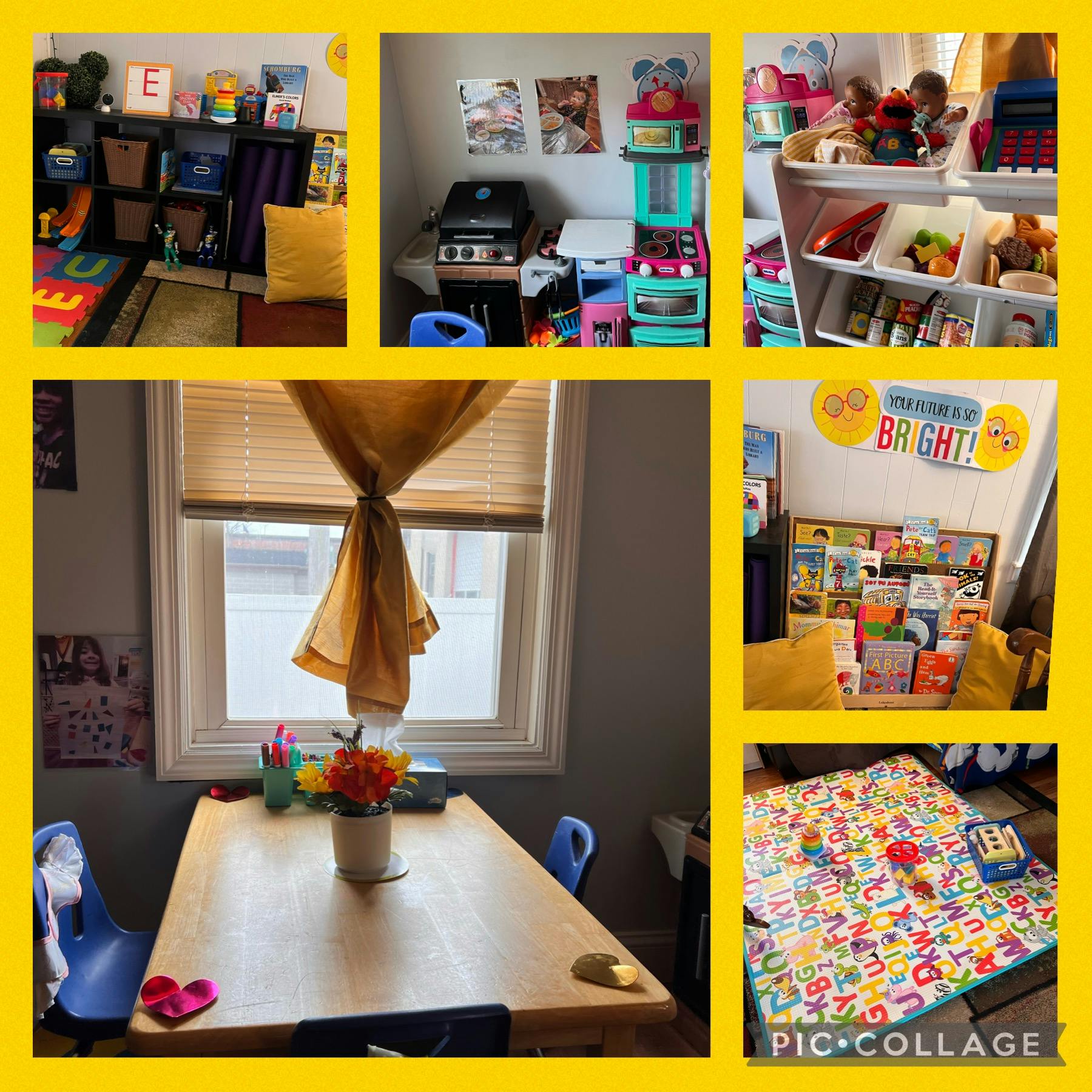 Collage of various rooms with children's toys and furniture