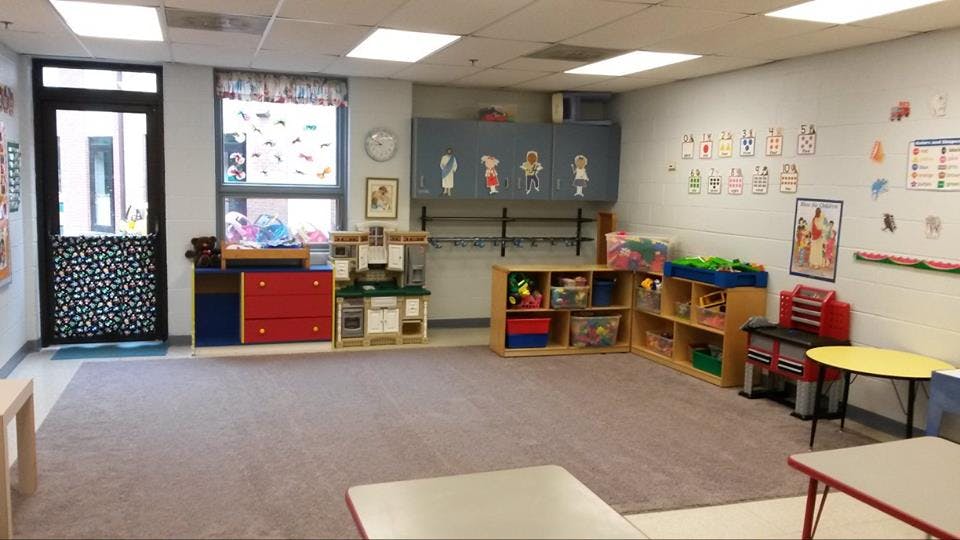 Empty classroom with play furniture and decorations