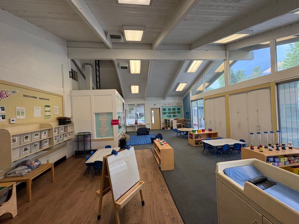 Classroom with tables, chairs, and learning materials