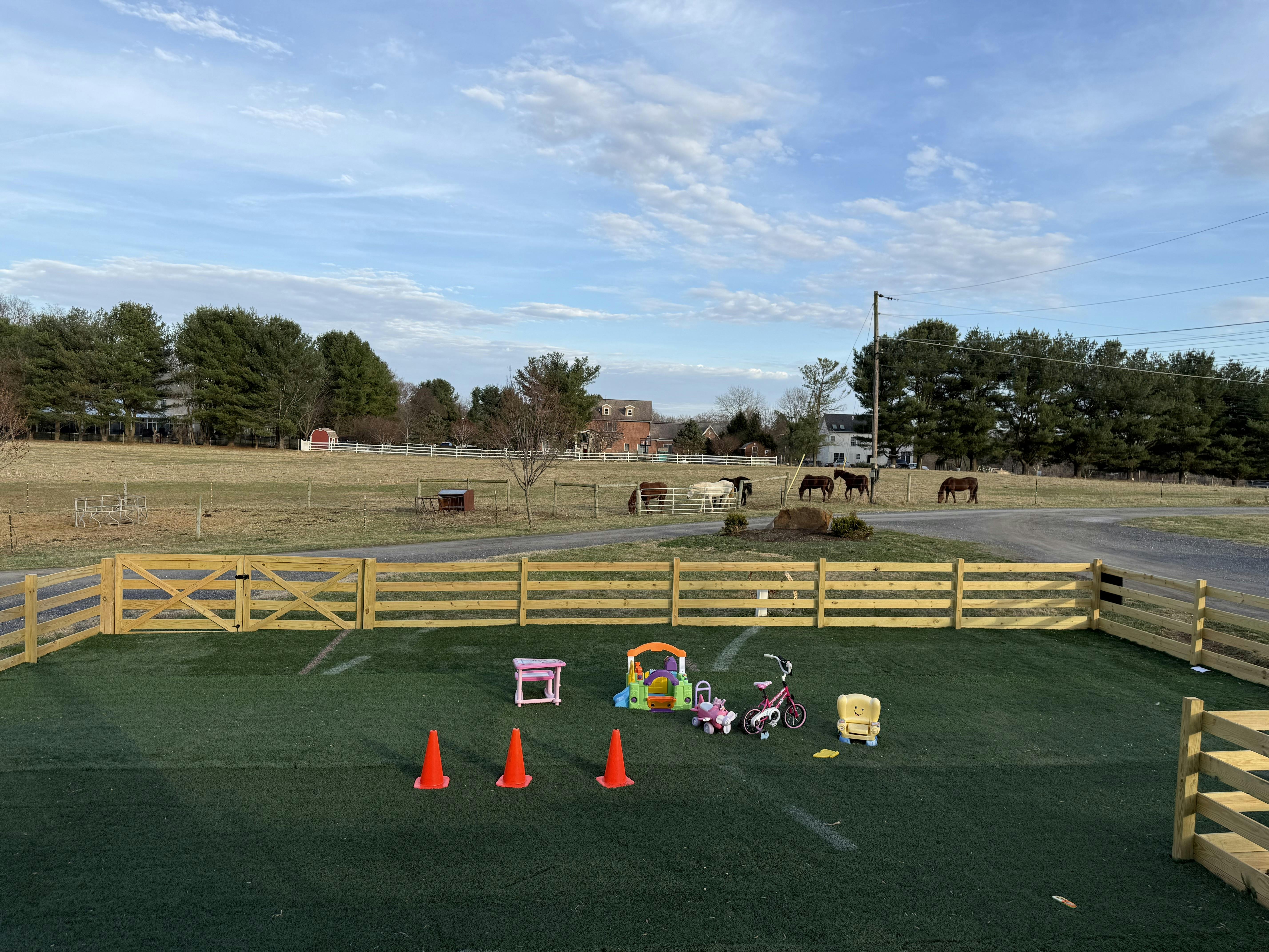 Horses grazing in a fenced pasture next to a play area with toys