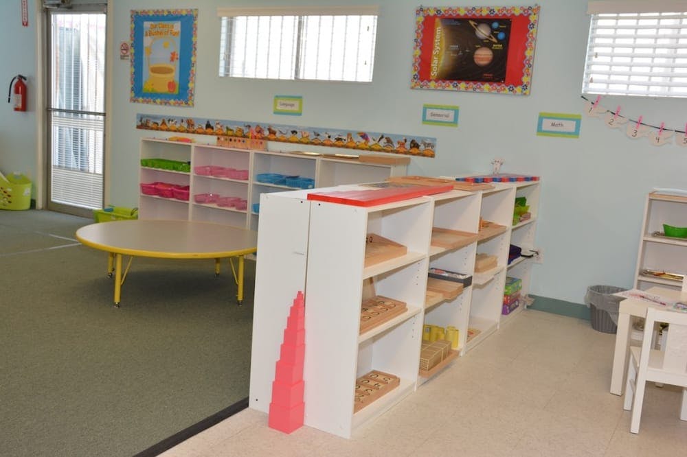 Classroom with shelves, tables, and educational posters