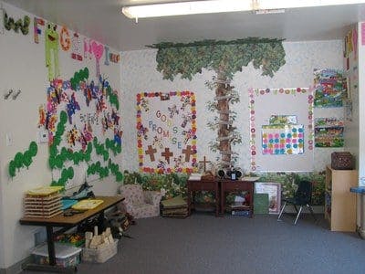 Classroom with decorated walls and tables