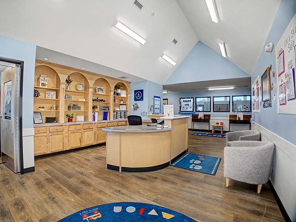 Reception area with a light wood front desk and arched shelving along the wall