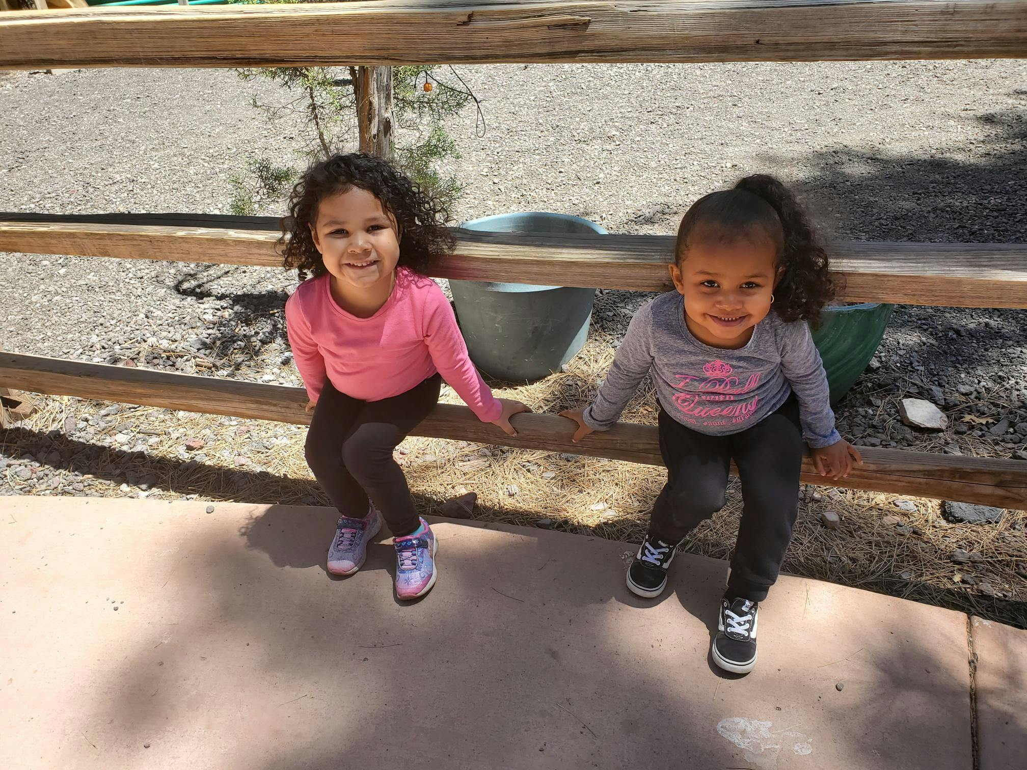 Two children sitting on a wooden fence