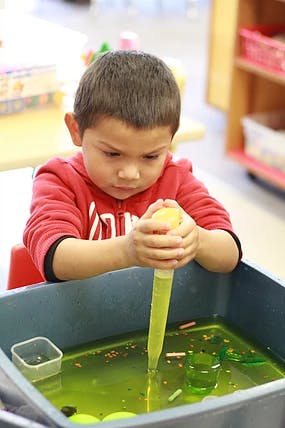 Child using a dropper in a bin of green liquid