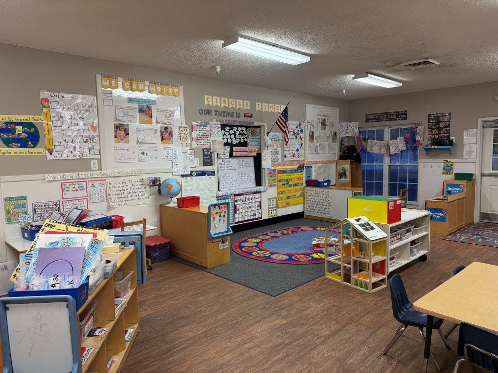 Classroom filled with child-level furniture, learning materials, and decorated walls