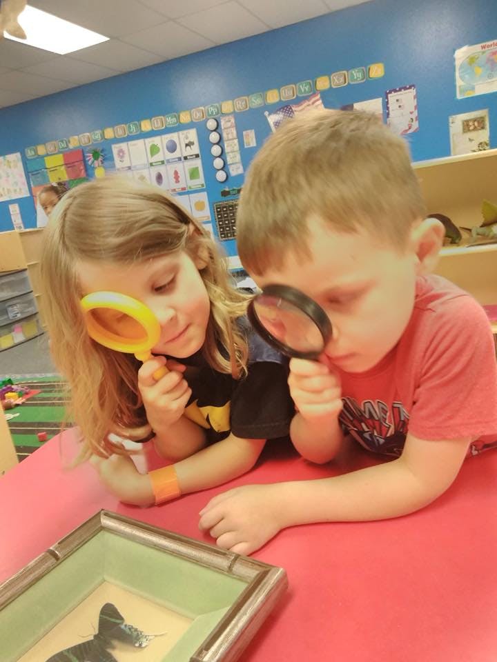 Two children looking through magnifiers at an object in a frame