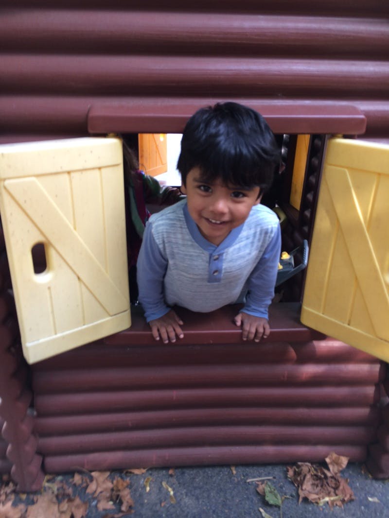 Child looking out of a playhouse window